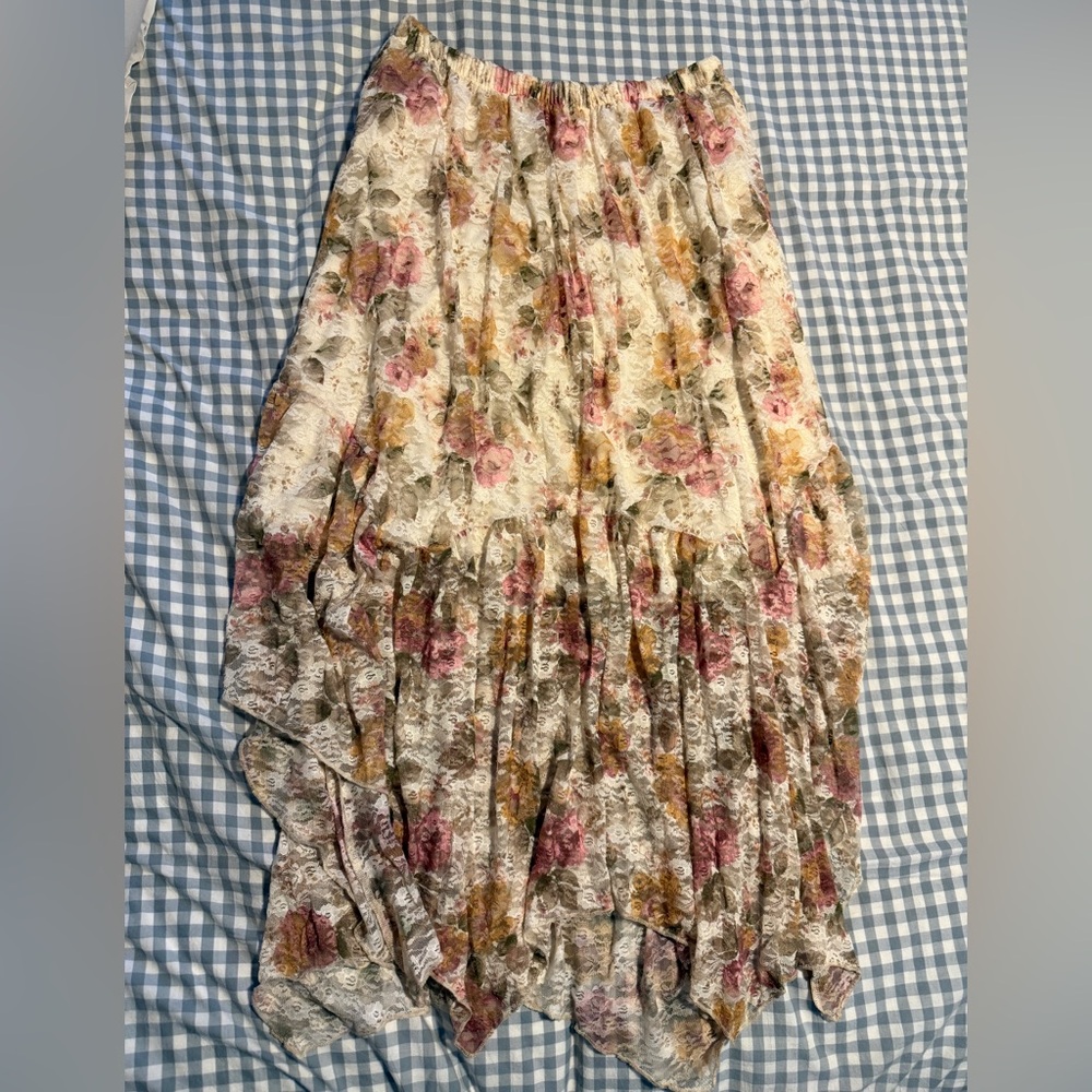 Romantic Cream Floral Lace Tiered Maxi Skirt with Pink & Yellow Roses